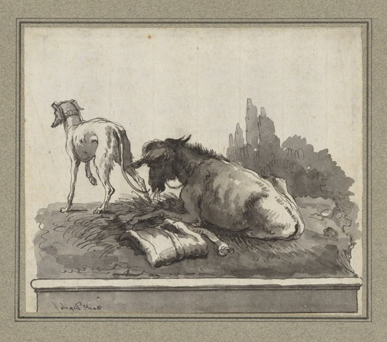 躺在草地上的驴子，还有一只意大利灰狗（在底座上）