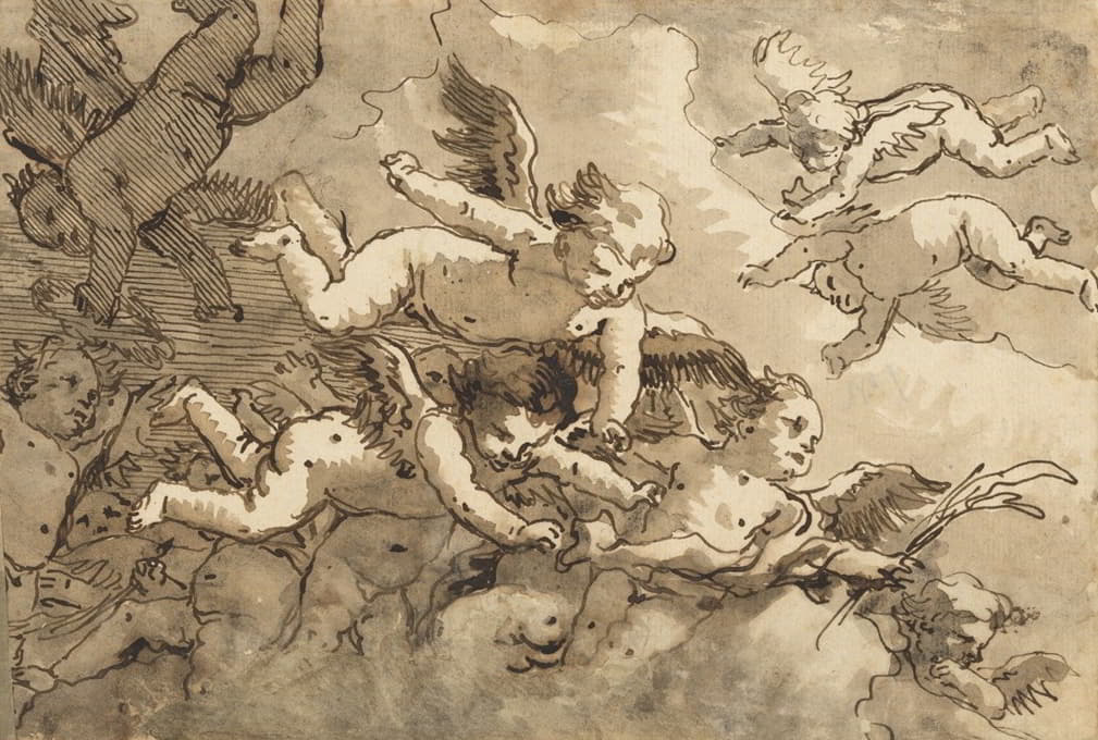 Giovanni Domenico Tiepolo - A Flock of Winged Cherubs in the Sky, One Holding a Martyr’s Palm