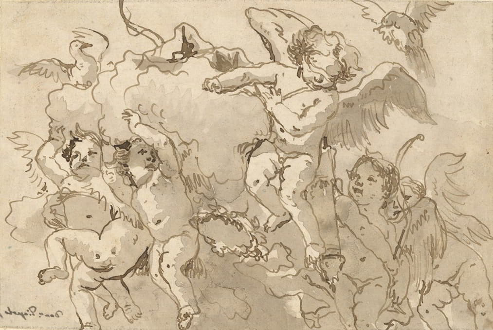 Giovanni Domenico Tiepolo - Cupid Blindfolded in the Clouds, with Five Attendant Putti