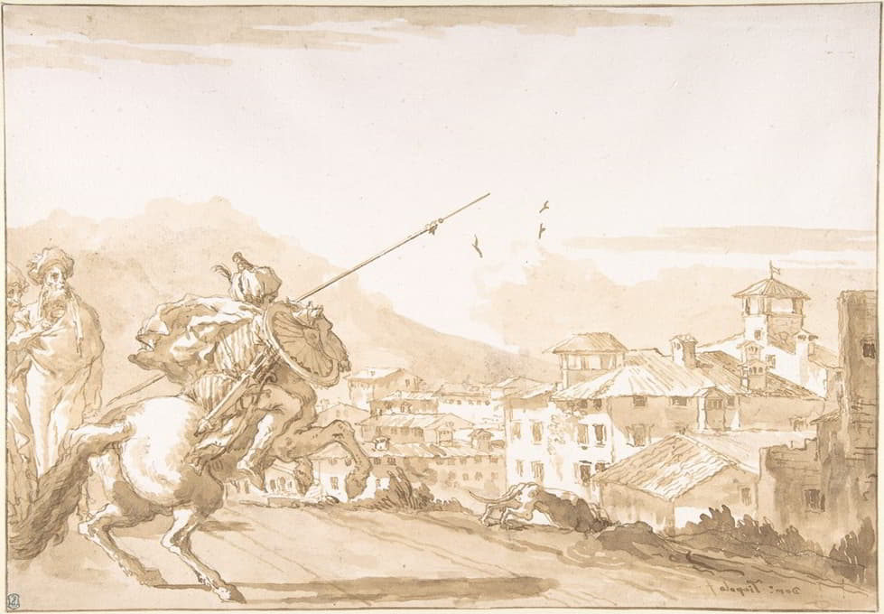 土耳其枪骑兵和围观者走近一座城镇