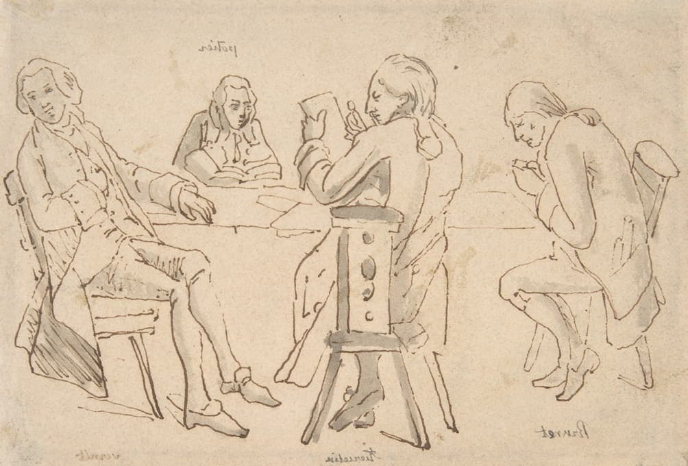 四位艺术家坐在一张桌子旁（深色、波蒂埃、蒂尔塞廷、韦尔内）