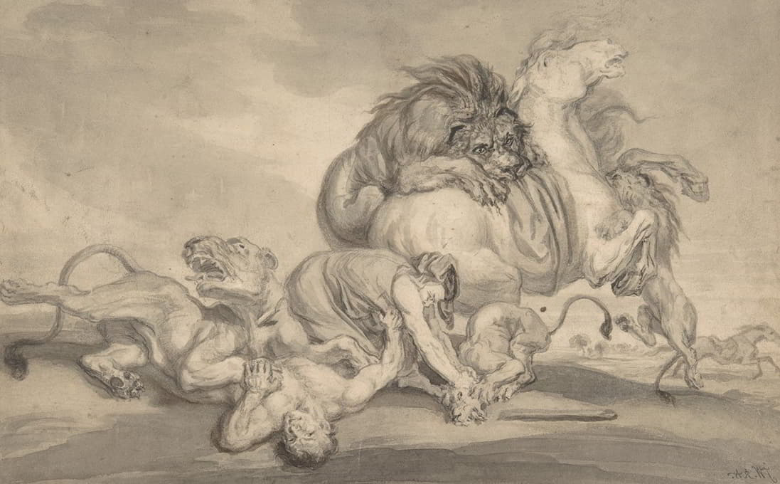 狮子攻击两个人和一匹马