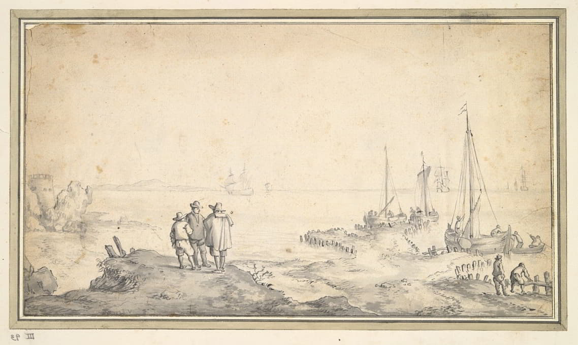 沙丘上的三个人影俯瞰着海湾和船只