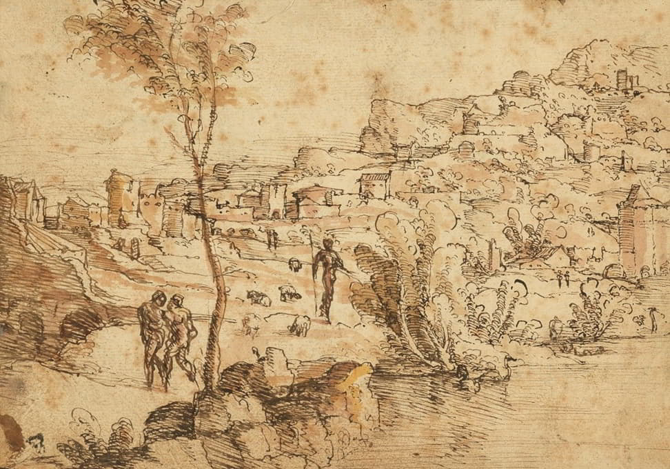 河边和远处城镇的牧羊人景观