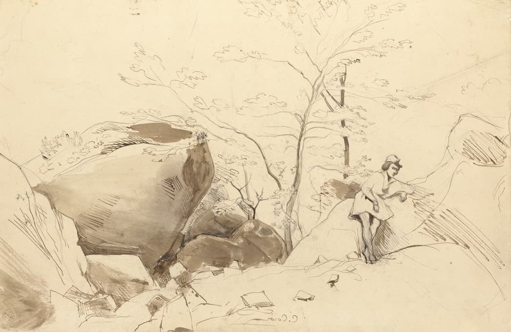 Jean-Baptiste-Camille Corot - Fontainebleau, Figure Leaning Against a Rock