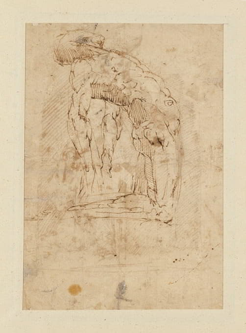 男性裸体跪着，头和肩膀向后倾斜