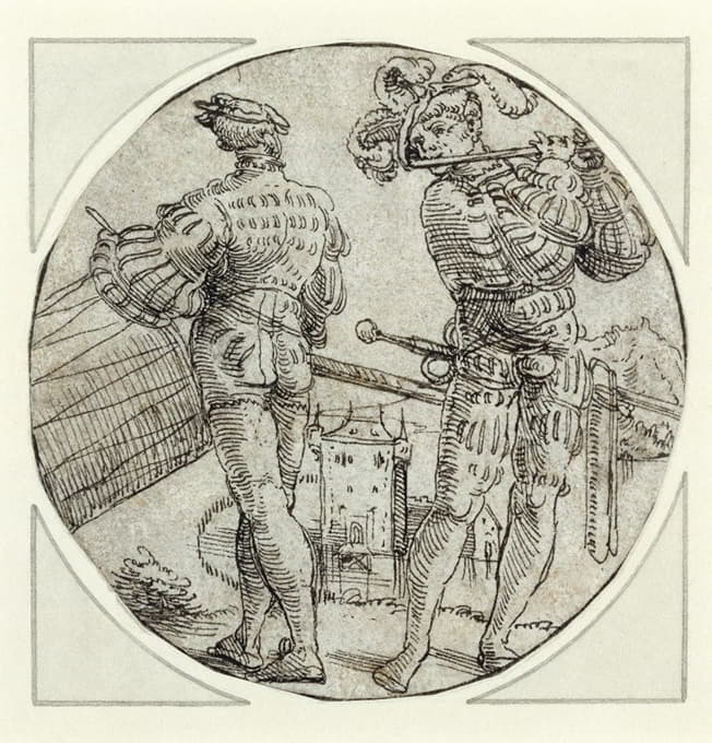 Master of the Berlin Roundels - A Flutist and Drummer Before a Moated Castle