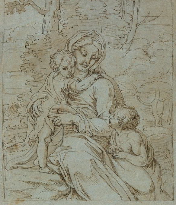 圣母玛利亚和圣约翰坐在风景中的孩子