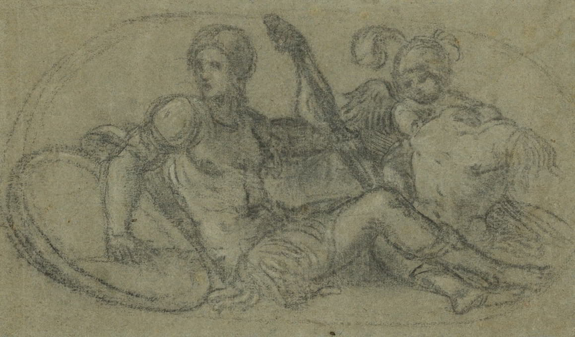 Paris Bordone - Seated Male Figure with Putto and Armor