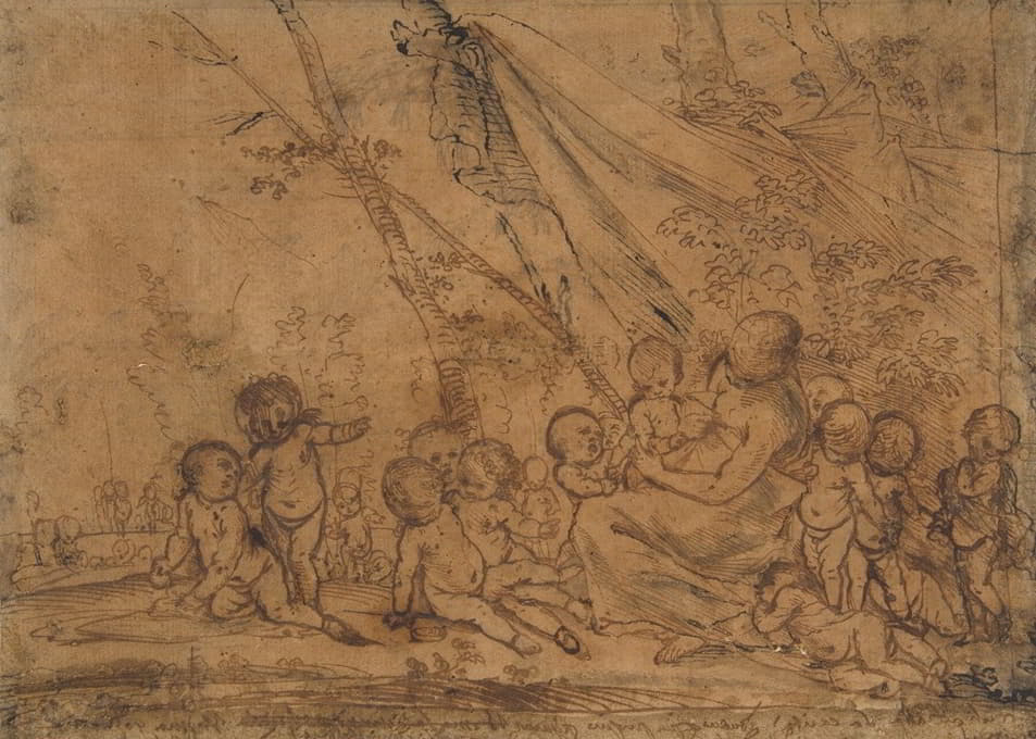 被裸体婴儿包围的女性坐像