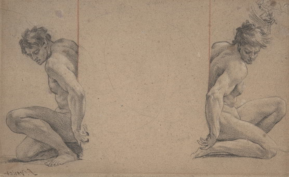 Simon Vouet - Two Crouching Nude Male Figures
