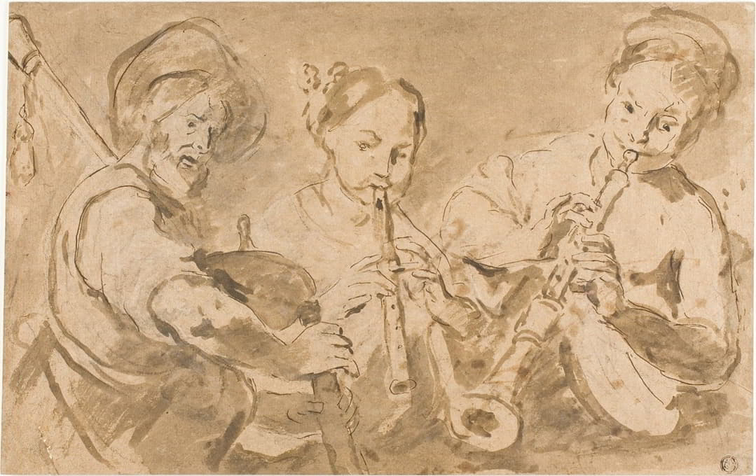 After Bernardo Strozzi - Three Musicians Playing Horns and Pipe