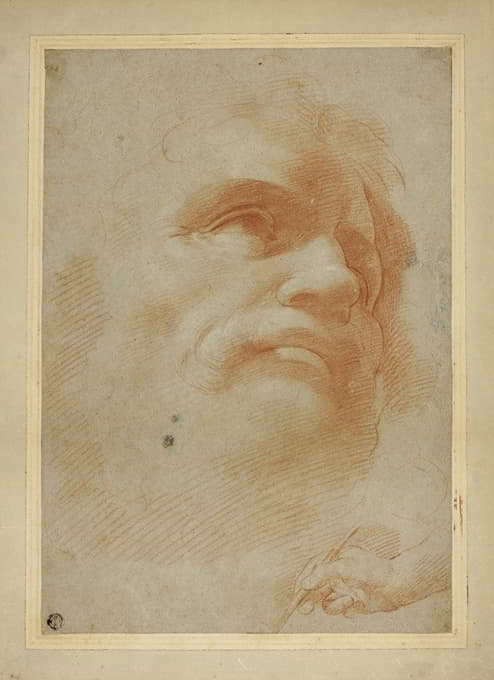 After Correggio - Male Head and Sketch of Right Hand Holding Stylus