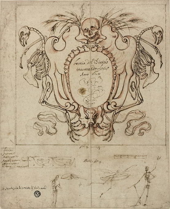 Baccio del Bianco - Funereal Cartouche with Inscription and Sketches of Skeletons and Ornamental Details