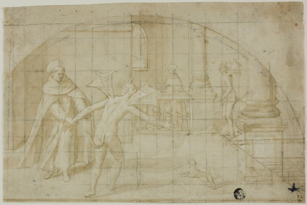 Bernardino Poccetti - Design for a Lunette; Devils and Saint in a Monastery