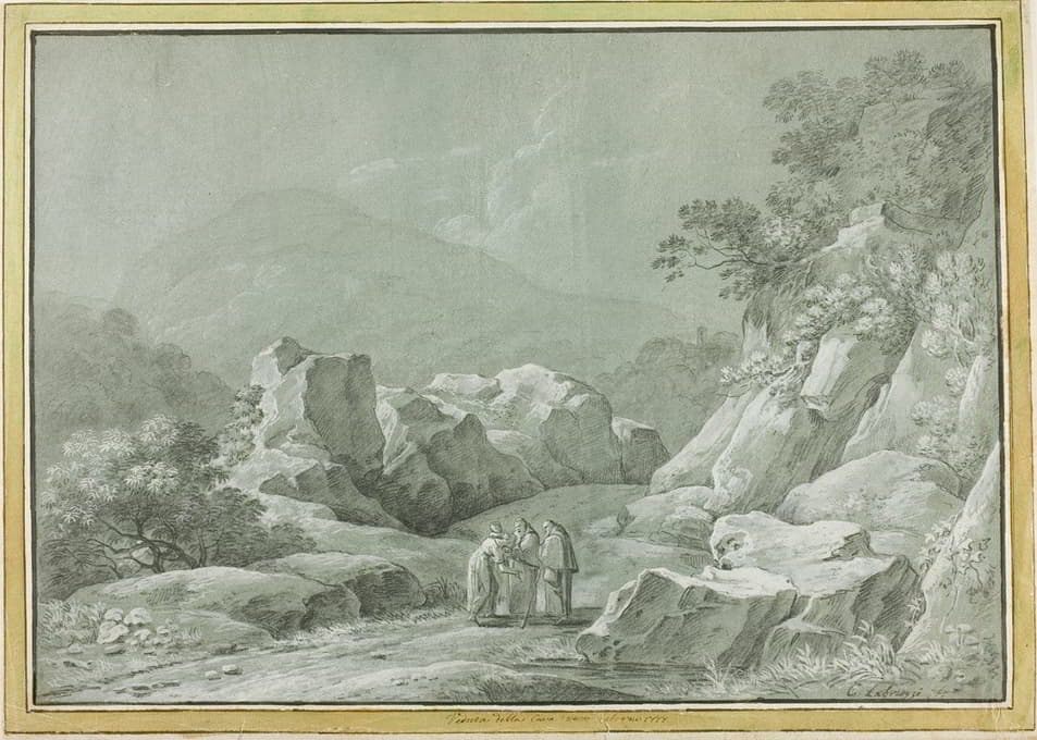 两名僧侣在荒野中给一名妇女和一名儿童喝水