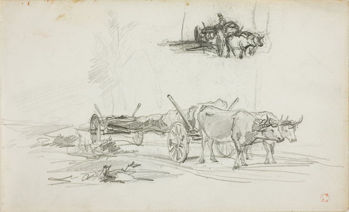 Charles François Daubigny - Two Sketches of Oxen Hauling a Log