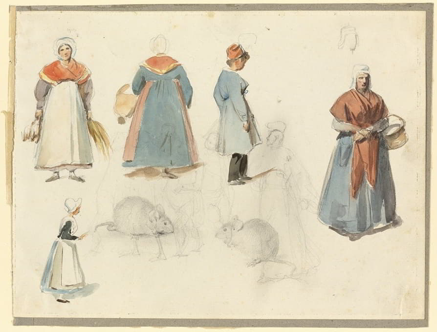 Denis Auguste Marie Raffet - Sheet of Sketches; Men, Women and Mice