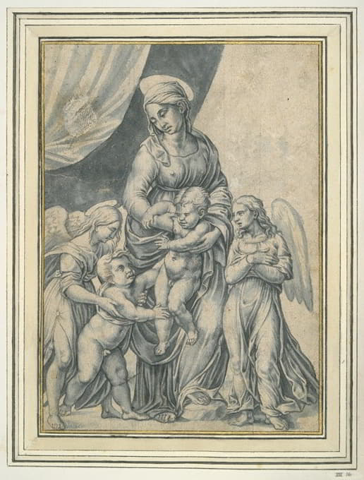 圣母玛利亚和孩子，婴儿圣约翰，施洗者和两位天使