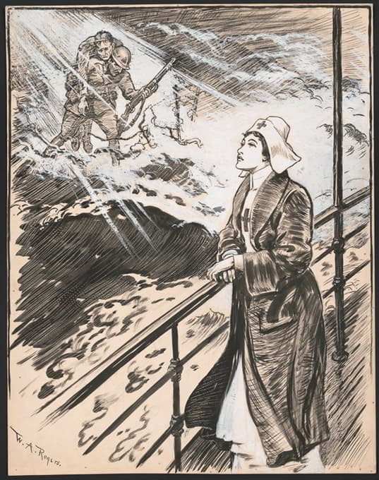 红十字会的护士站在一艘船的栏杆旁，看到了横穿暴风雨的大海的受伤士兵
