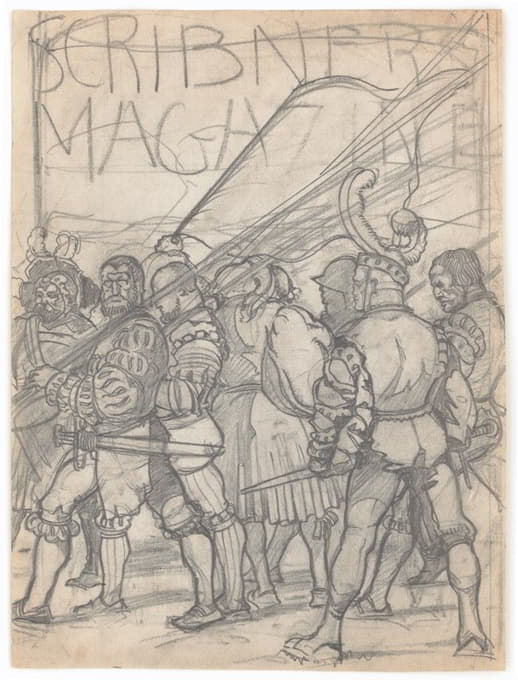 斯克里布纳杂志封面的平面设计，中世纪节日主题。穿着中世纪服装和武器的男人的绘画，包括斯克里布纳的标志