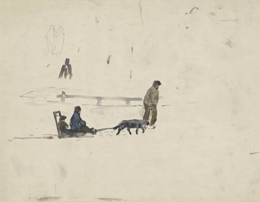 一个牵着狗的男人拉着两个孩子的雪橇