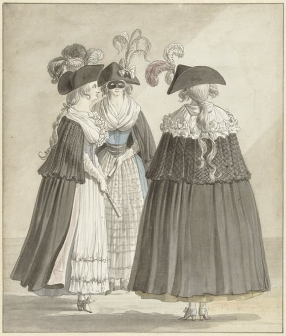 三个穿着罗马面具套装的女人