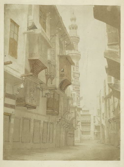 Édouard Jarrot - Gezicht op een straat met minaret in Cairo