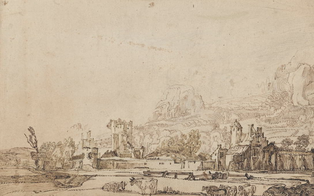 Jan van de Velde II - A view of the ruin of Huis ter Kleef near Haarlem, with cows and sheep, and mountains behind