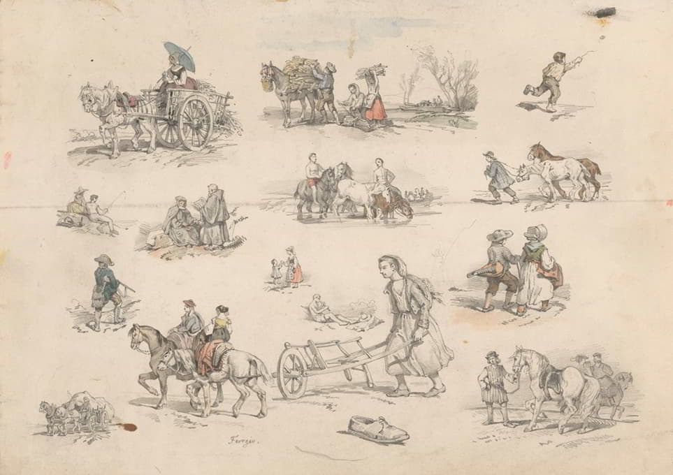 Jan Weissenbruch - Figuurstudies met paarden en wagens