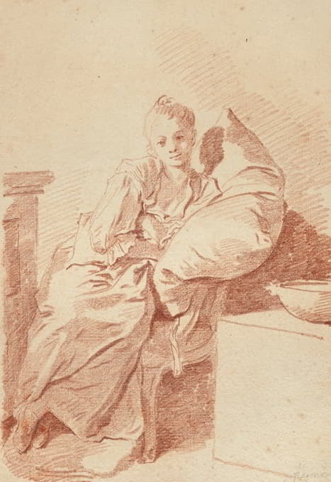 一个年轻女孩坐在室内，靠在枕头上（“La Jeune malade”）