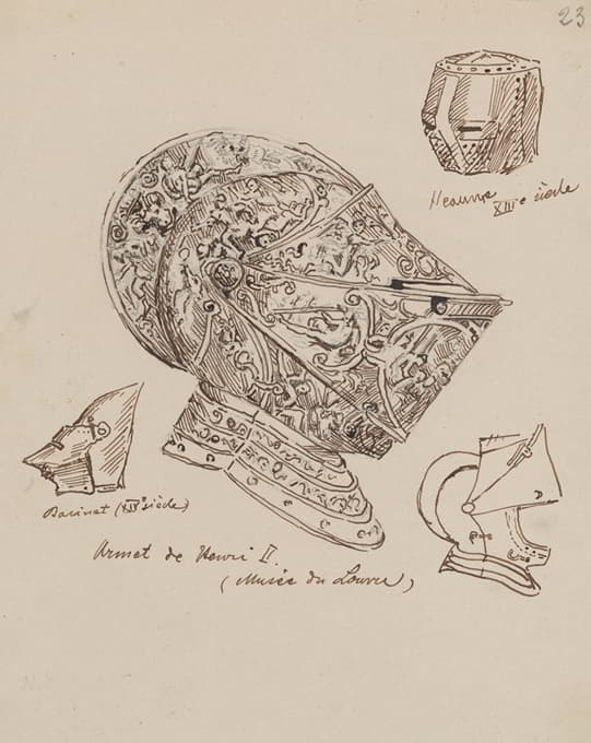 第十三和第十四世纪的头盔和亨利二世（约1560）国王的头盔的图纸来自卢浮宫收藏