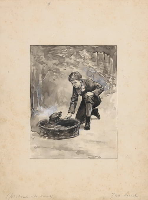 Willem Wenckebach - Jongen knielt bij een hond in een mand