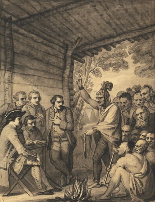 1764年和1765年10月，在美国马斯京古姆河岸上，在布卢特上校营地附近的一场会议上，印第安人正在与布卢特上校讲话