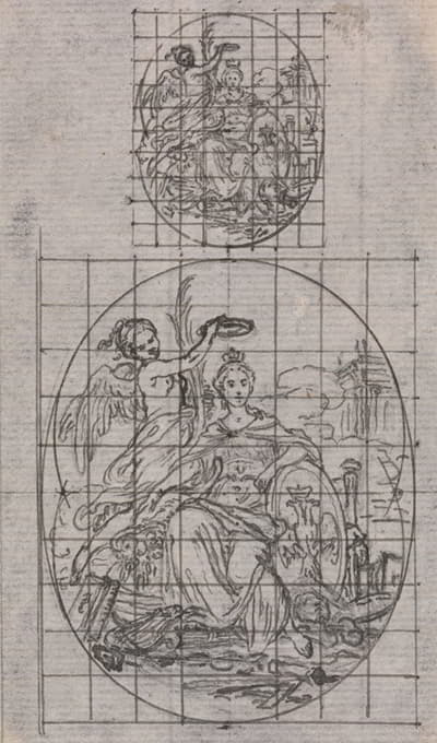 Hubert-François Gravelot - Design for a Medal; Seated Women Being Crowned by a Winged Genius