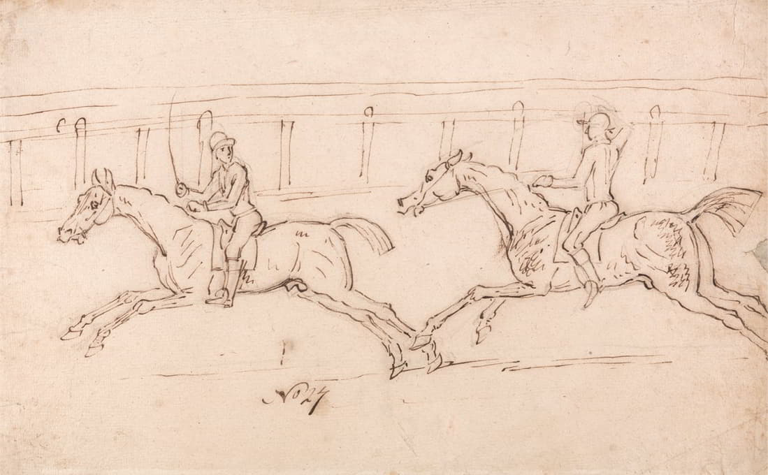 两匹马在赛跑，背景是骑师站在栏杆上