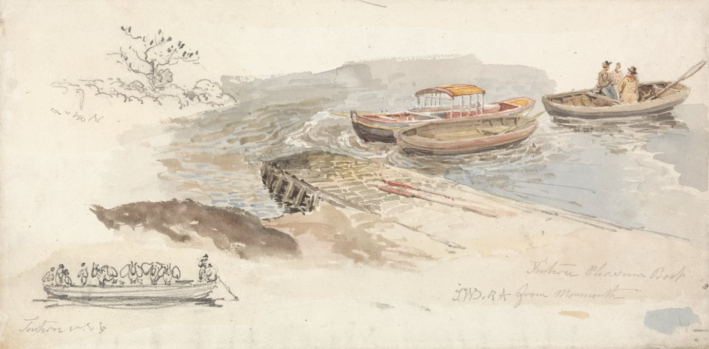 防波堤上有篷的船和两艘划艇；左图为丁登牲畜渡船的铅笔习作