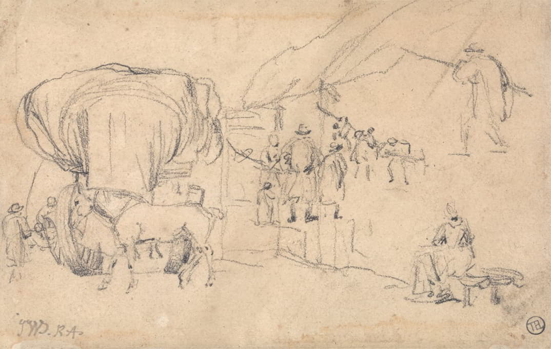 草图表；马车、马、挤奶女工和其他人物研究