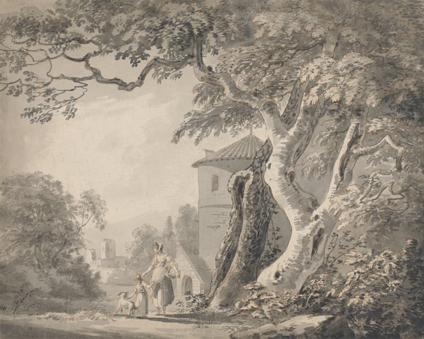 Paul Sandby - Romantic Landscape with Figures and a Dog