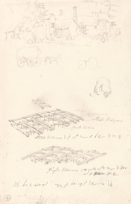 Robert Hills - Studies of a Farmhouse, Covered Wagon, and Harrows