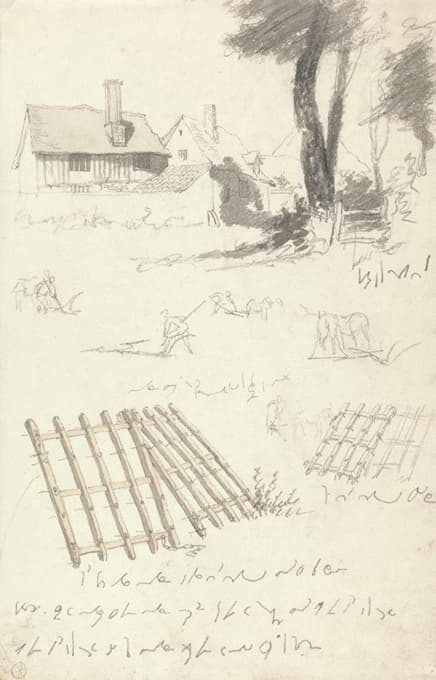 Robert Hills - Studies of Farmhouses by a Gate, Ploughing and Harrows