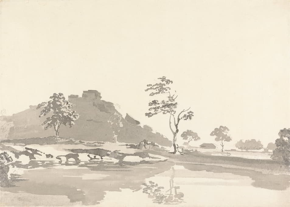 Samuel Davis - River Scene with a Fort on a hill in the middle distance