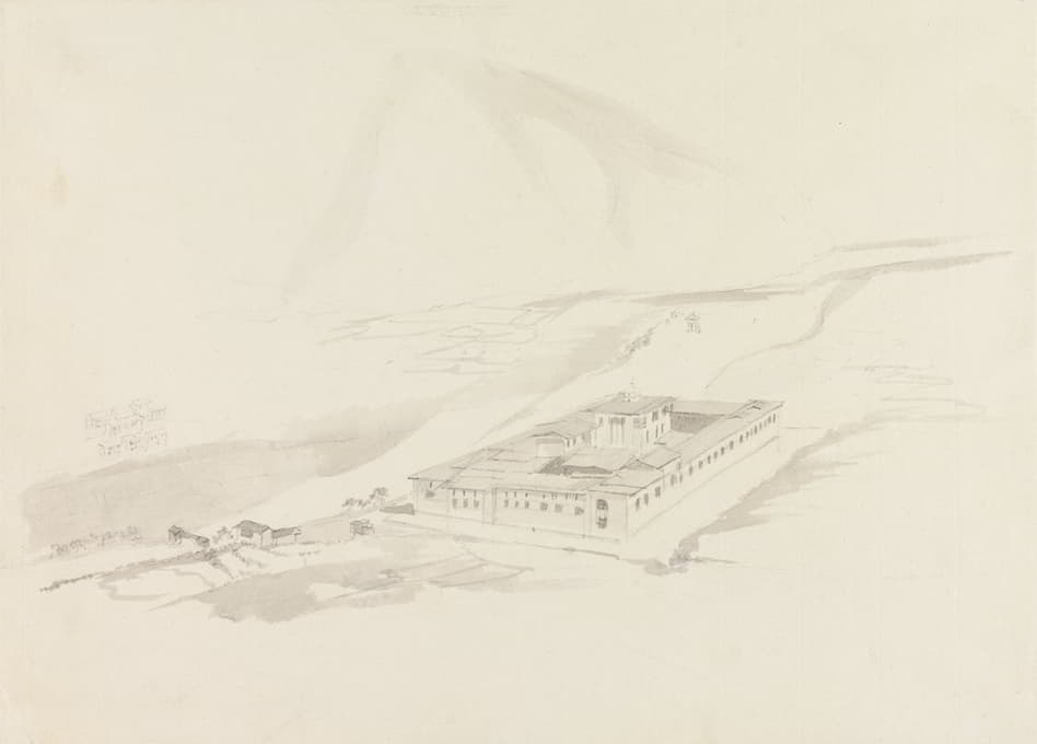 Samuel Davis - View of Tasicho Dzong from Above (panoramic view of a large building in a valley)