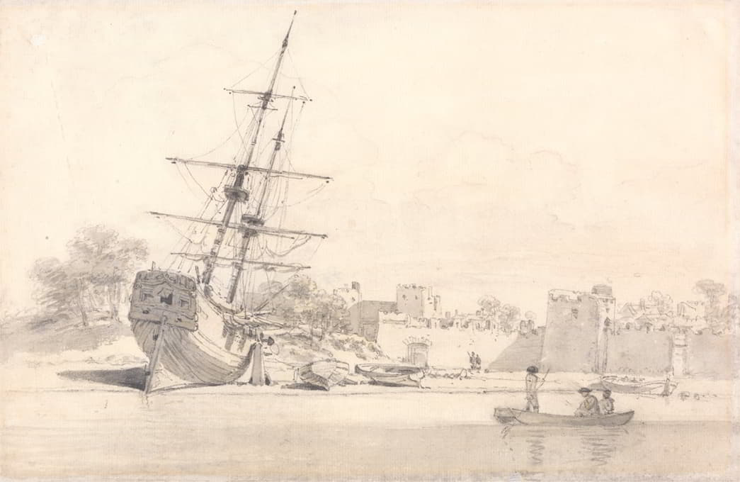 William Alexander - A Small Sailing Ship Drawn Up on the Shore Below Some Fortified Buildings
