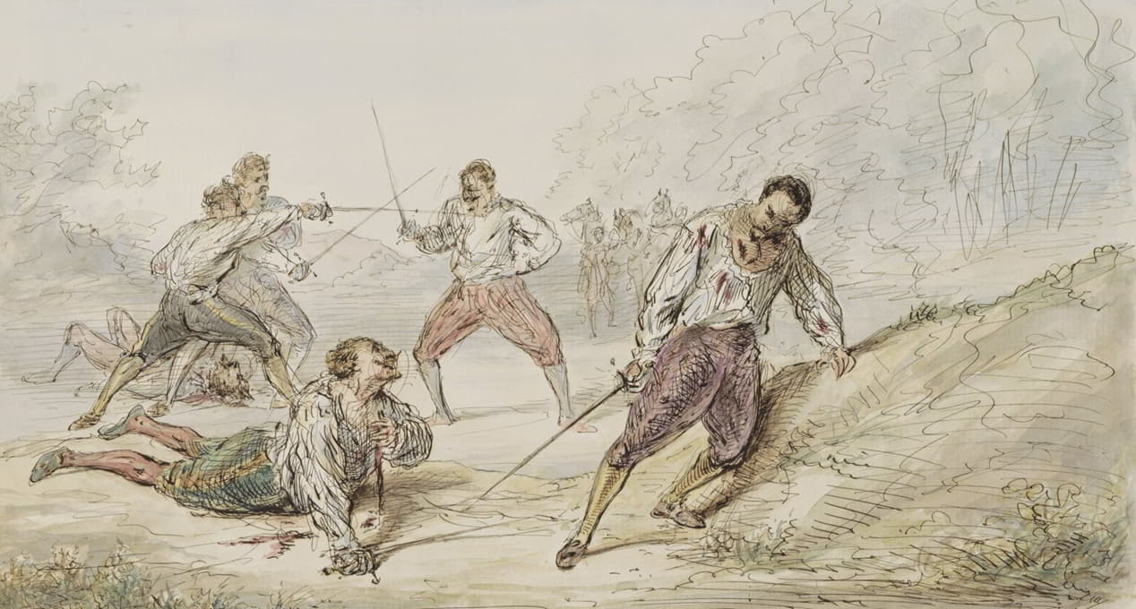 Alexander Ver Huell - Landschap met duellerende mannen