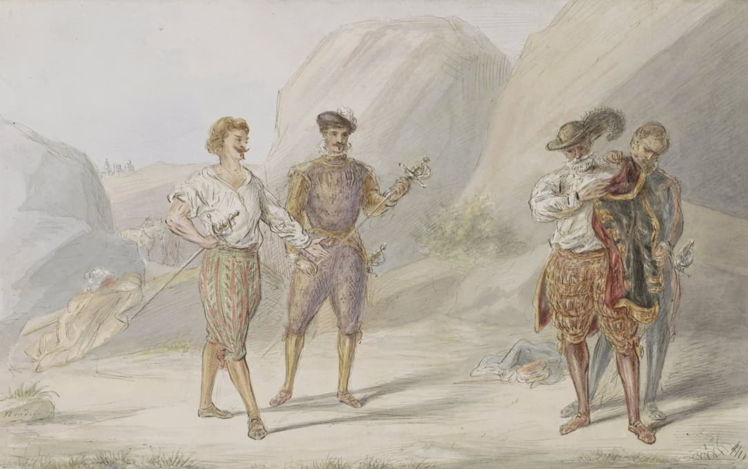 Alexander Ver Huell - Vier mannen met zwaarden in een rotsachtig landschap