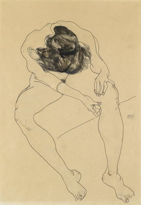 Egon Schiele - Sitzender weiblicher Akt von oben gesehen