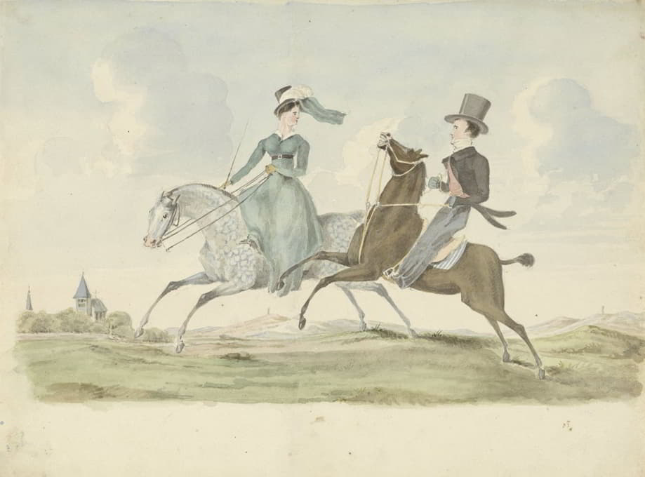 Pieter van Loon - Man en vrouw te paard in een landschap