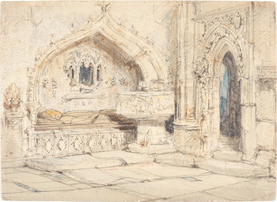 Louis Haghe - Interior of a Church with a Wall Tomb and Medieval Font