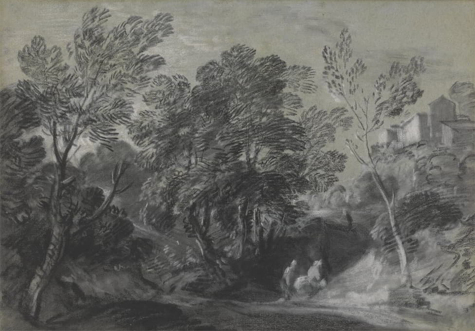 Thomas Gainsborough - Wooded Landscape with Figures and Houses on the Hill